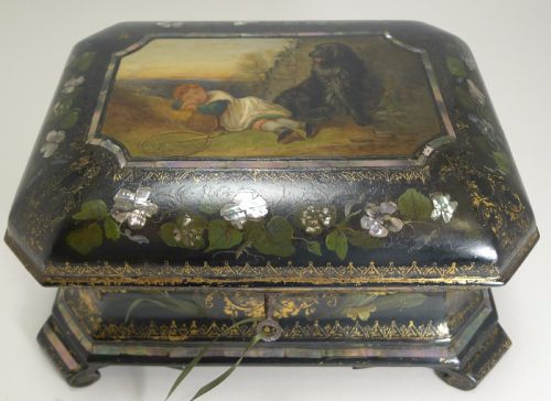 Exquisite Jennens & Bettridge Jewellery Box C.1850 - Girl and Dog Painting