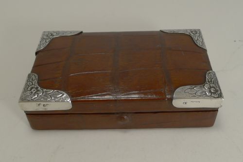 Antique English Sterling Silver Mounted Crocodile / Alligator Jewellery Box