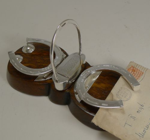 Antique English Oak and Silver Plate Answered / Unanswered Letter Clip C.1880 - Equestrian