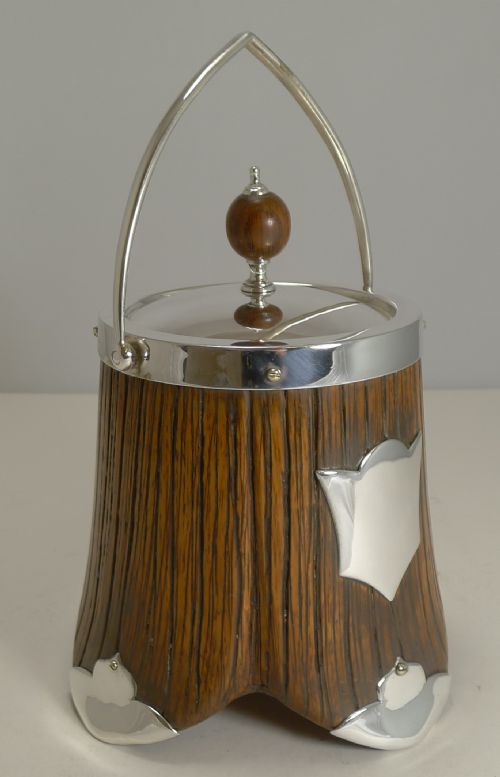 Fabulous Antique Naturalistic Oak and Silver Plate Biscuit Box - 1885