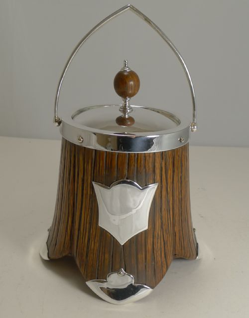 fig 1. Fabulous Antique Naturalistic Oak and Silver Plate Biscuit Box - 1885
