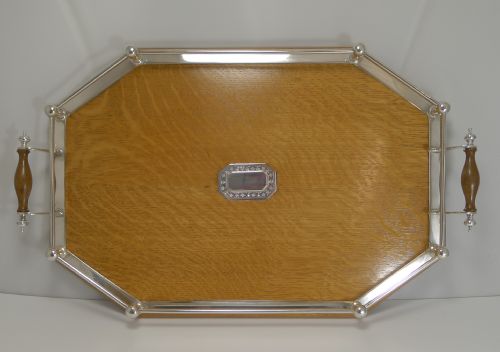 Handsome Antique English Oak & Silver Plate Tray - Silver Mount - 1910