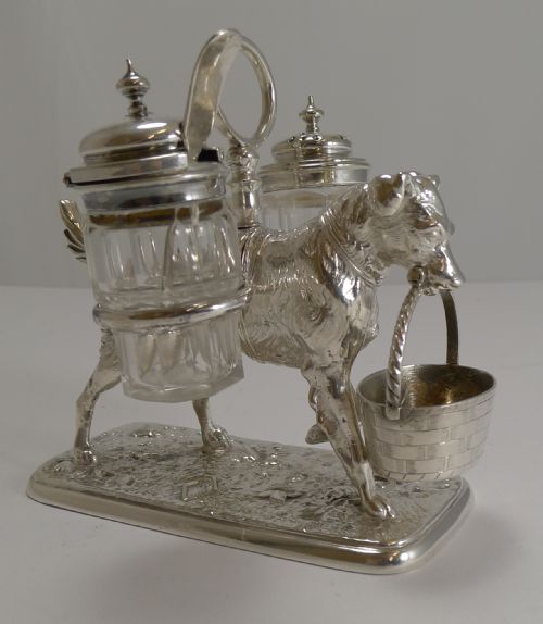 Antique English Novelty / Figural Dog Cruet in Silver Plate - 1871
