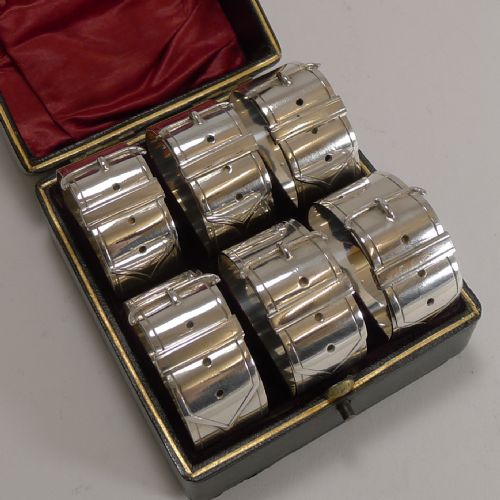 Six Victorian Belt Buckle Napkin Rings C.1890 - Silver Plate