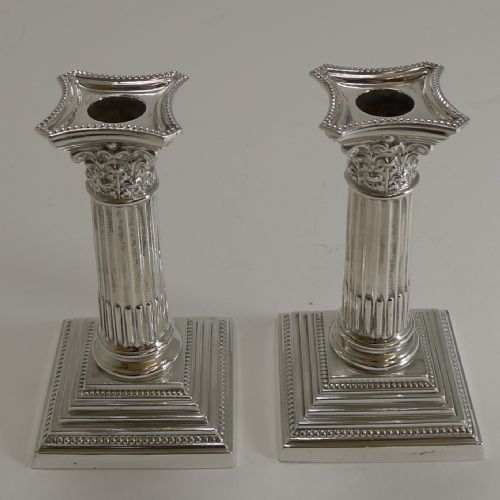 Petite Pair Antique English Corinthian Column Candlesticks C.1900 - Silver Plate