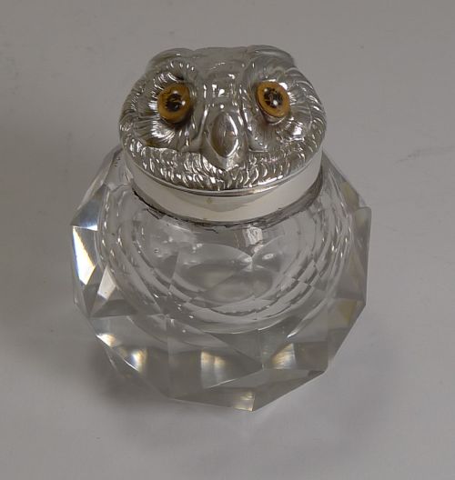 Novelty Victorian Silver Sampson Mordan Inkwell - 1895 - Owl