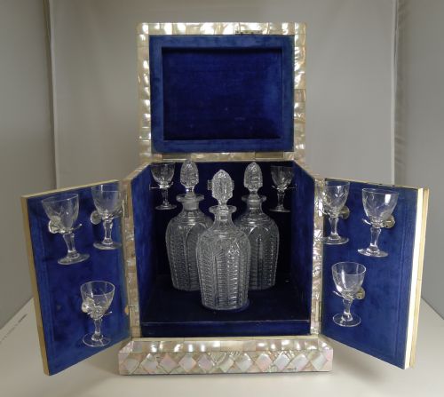 fig 1. Grand Large Antique English Mother of Pearl Drinks Cabinet Dated 1885