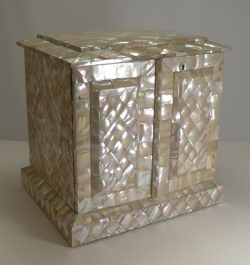 fig 2. Grand Large Antique English Mother of Pearl Drinks Cabinet Dated 1885