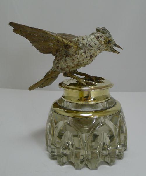 Stunning Large Antique Inkwell - Cold Painted Bronze Bird C.1890