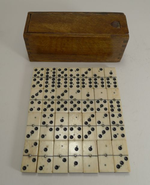 Antique English Boxed Set Bone & Ebony Wood Dominoes C.1890