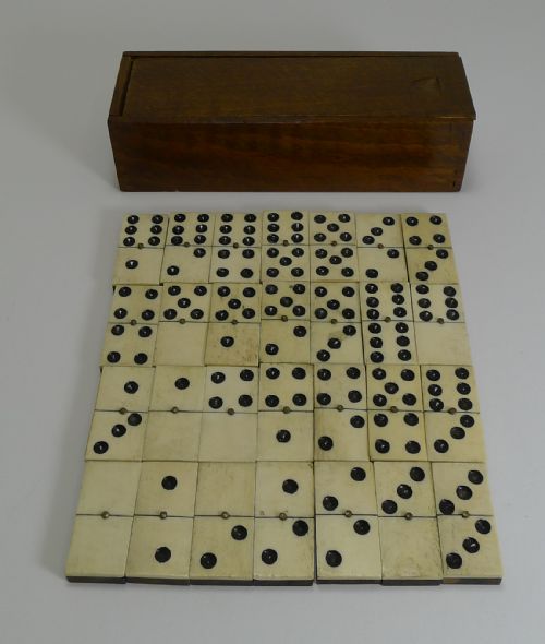 Antique English Boxed Set Bone & Ebony Wood Dominoes C.1890