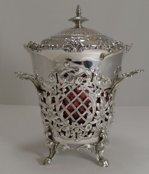 Magnificent Antique Scottish Biscuit Box - Cranberrry Glass Liner C.1890