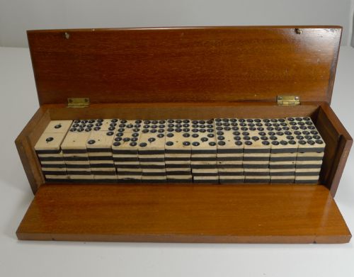 Antique English Boxed Set Bone & Ebony Wood Double Nines Dominoes C.1890