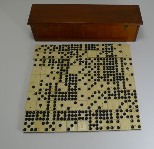 fig 1. Antique English Boxed Set Bone & Ebony Wood Double Nines Dominoes c.1890