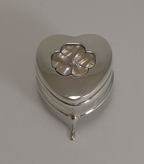 Antique English Heart Shaped Sterling Silver and Mother of Pearl Ring Box