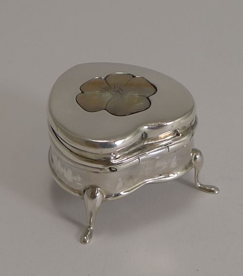 fig 1. Antique English Heart Shaped Sterling Silver and Mother of Pearl Ring Box