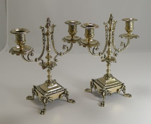Fine Pair Antique English Polished Brass Candelabra C.1880