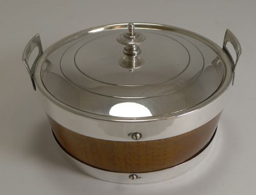 Antique English Oak and Silver Plate Butter Dish C.1890