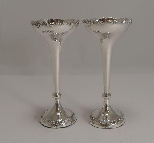 Superb Pair Antique English Sterling Silver Posy Vases