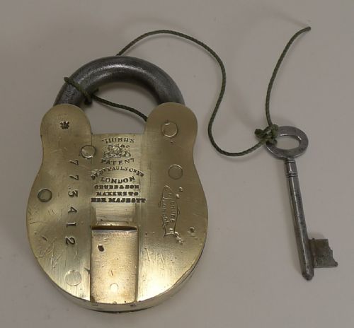Large Antique English Brass and Steel Padlock by Chubb, London C.1850