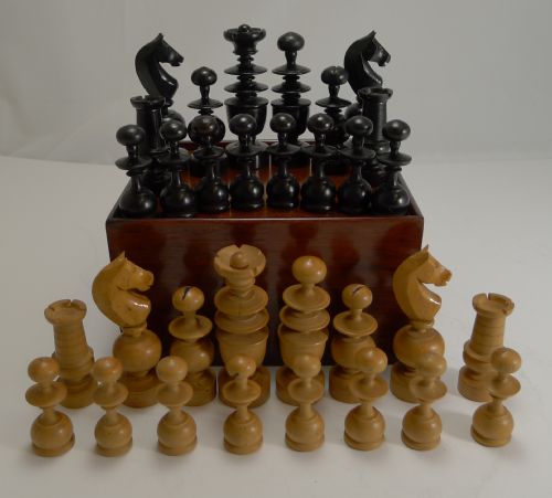 Large Antique English Regency Style Chess Set in Wooden Case C.1900