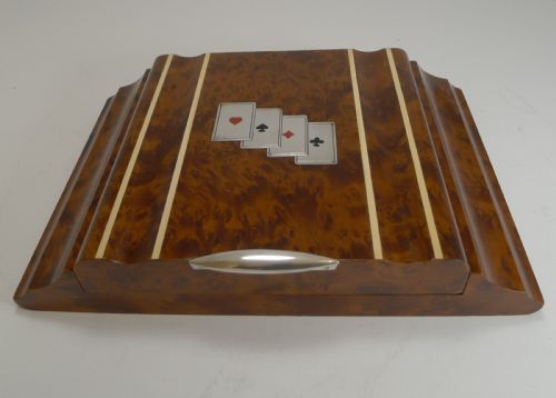 Italian Art Deco Amboyna & Silver Playing Card / Games Box C.1935