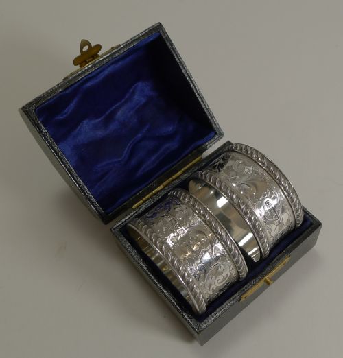 Fine Cased Pair Antique English Sterling Silver Napkin Rings
