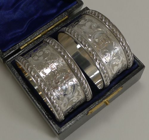 fig 1. Fine Cased Pair Antique English Sterling Silver Napkin Rings