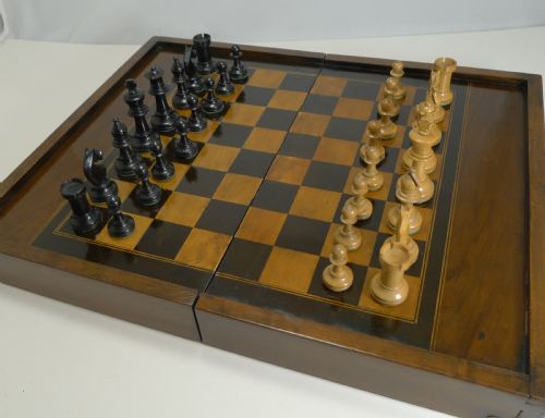 Antique English Folding Chess / Games Box with Chess Set C.1910