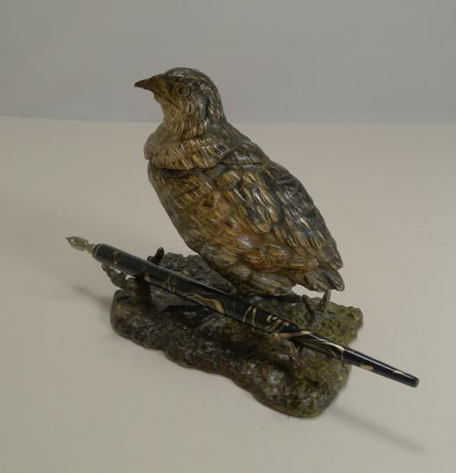 Antique Cold Painted Bronze Game Bird Inkwell C.1900