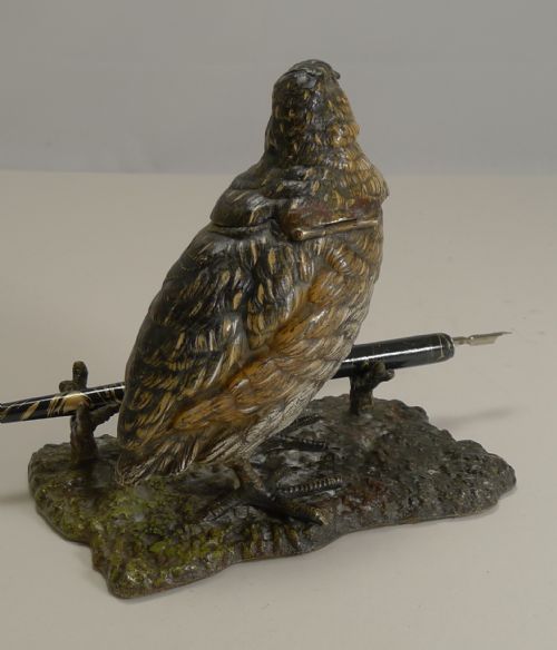 fig 1. Antique Cold Painted Bronze Game Bird Inkwell c.1900