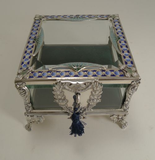 French Art Nouveau Silver Plate and Enamel Jewellery Box C.1900