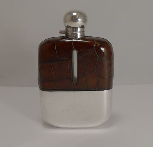 Large Antique English Silver Plate and Crocodile Hip Flask by James Dixon