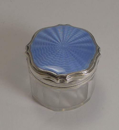 Art Deco Sterling Silver and Guilloche Enamel Lidded Vanity Jar - 1931