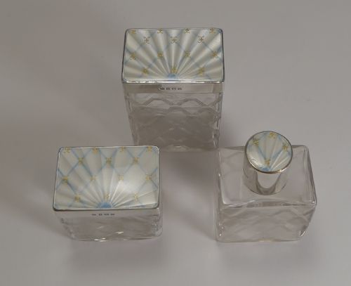 Stunning Vintage English Sterling Silver and Guilloche Enamel Lidded Dressing Table Set