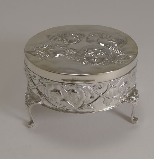 Stunning Antique English Sterling Silver Jewelry Box - Cherubs / Angels