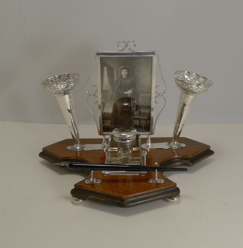 Rare Antique English Inkwell with Photograph Frame and Posy Vases