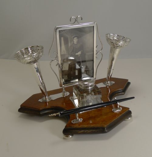 fig 1. Rare Antique English Inkwell With Photograph Frame and Posy Vases