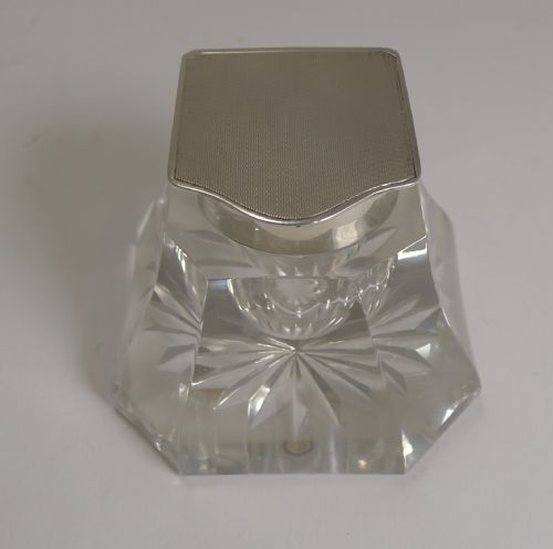 HANDSOME ART DECO CUT GLASS AND ENGLISH STERLING SILVER INKWELL - ADDITIONAL PHOTO 1