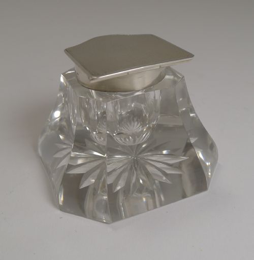 HANDSOME ART DECO CUT GLASS AND ENGLISH STERLING SILVER INKWELL - ADDITIONAL PHOTO 4