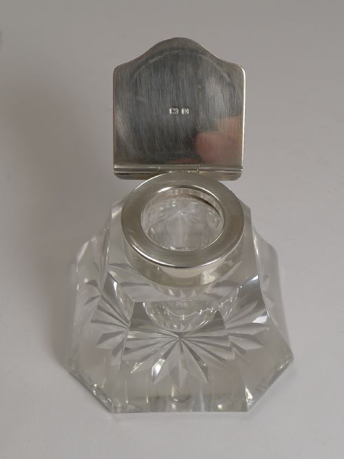 HANDSOME ART DECO CUT GLASS AND ENGLISH STERLING SILVER INKWELL - ADDITIONAL PHOTO 5