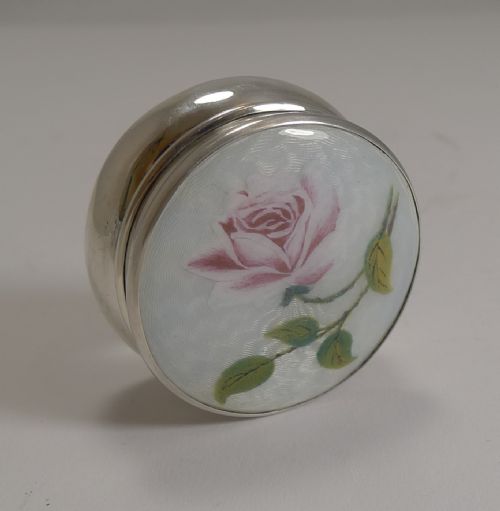 Large Antique English Sterling Silver and Guilloche Enamel Pill Box - 1918