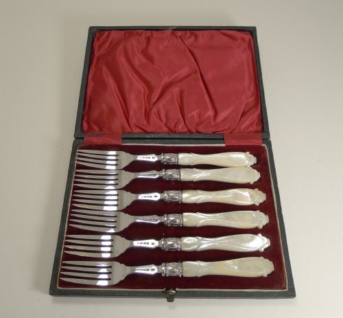 Antique English Sterling Silver & Mother of Pearl Cake or Desert Forks - 1862