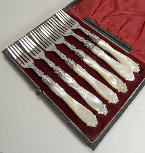 fig 1. Antique English Sterling Silver & Mother of Pearl Cake or Desert Forks - 1862