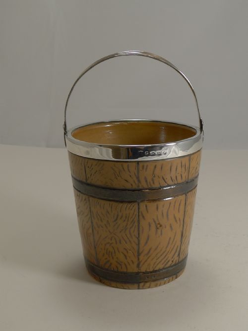 English Victorian Stoneware and Sterling Silver Ice Bucket / Pail - 1873
