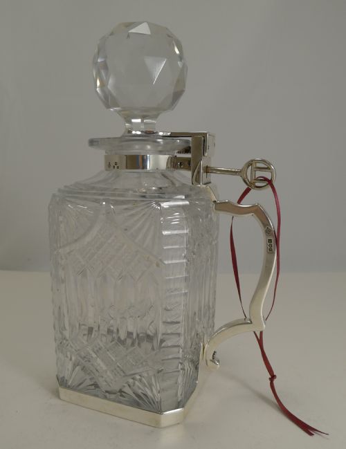 ANTIQUE ENGLISH CUT CRYSTAL AND STERLING SILVER SINGLE LOCKING DECANTER 1898