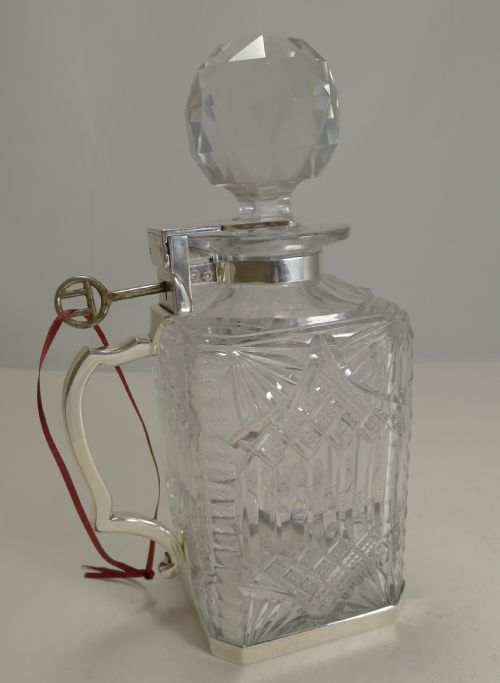 ANTIQUE ENGLISH CUT CRYSTAL AND STERLING SILVER SINGLE LOCKING DECANTER 1898 - ADDITIONAL PHOTO 2