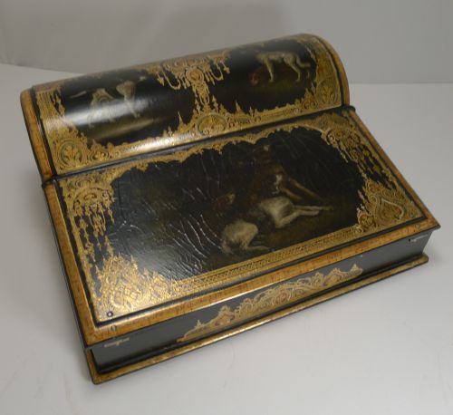 Exquisite Antique English Hand Painted Papier Mache Writing Box / Lap Desk C.1850 - Dogs