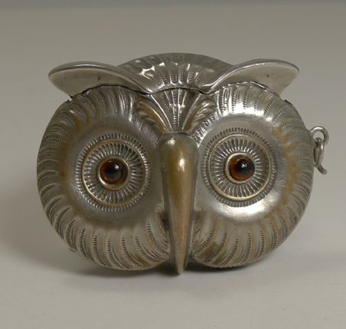 Antique English Figural Vesta / Match Strike - Owl with Glass Eyes C.1890