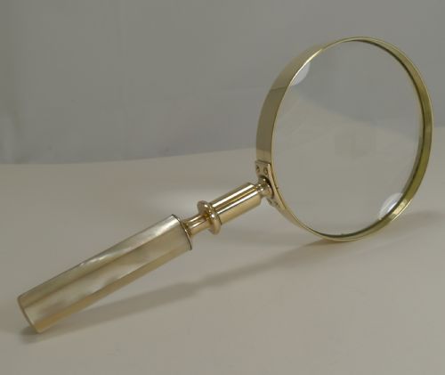 Large Antique English Brass and Mother of Pearl Magnifying Glass C.1890